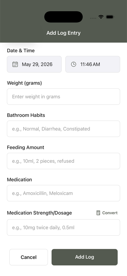 Add Log Entry form for weight, feeding, and medication