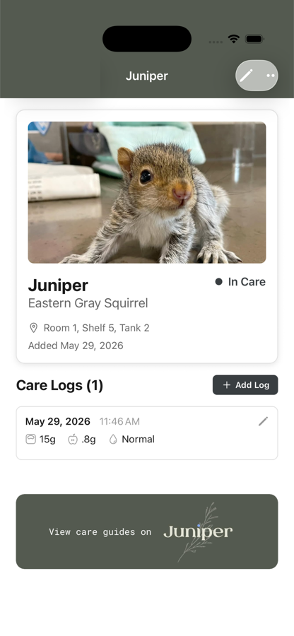 Animal profile with photo, location, and care logs