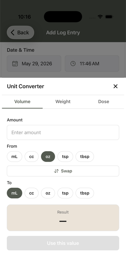 Unit Converter for medication volume and dose